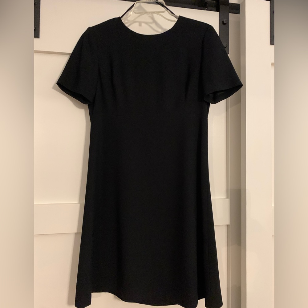Short sleeve black dress with zip back  and small ruffle at the bottom